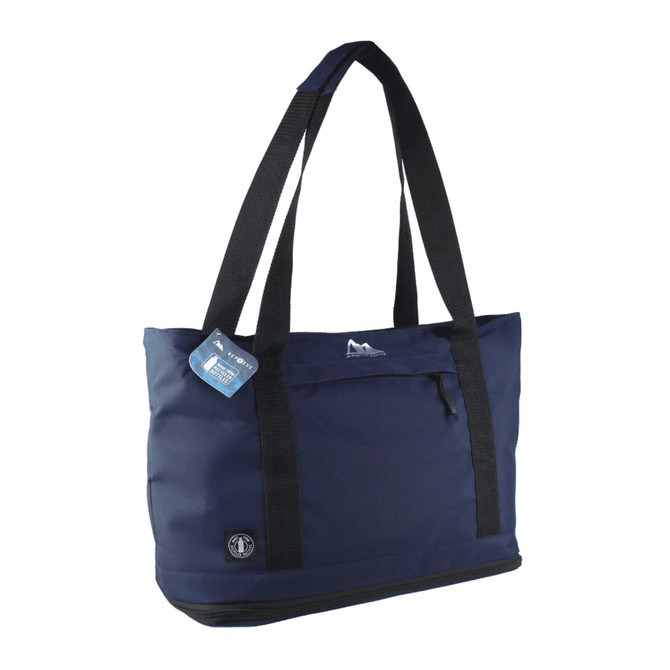 A navy cooler bag with black straps, featuring a front pocket and a logo on the side.