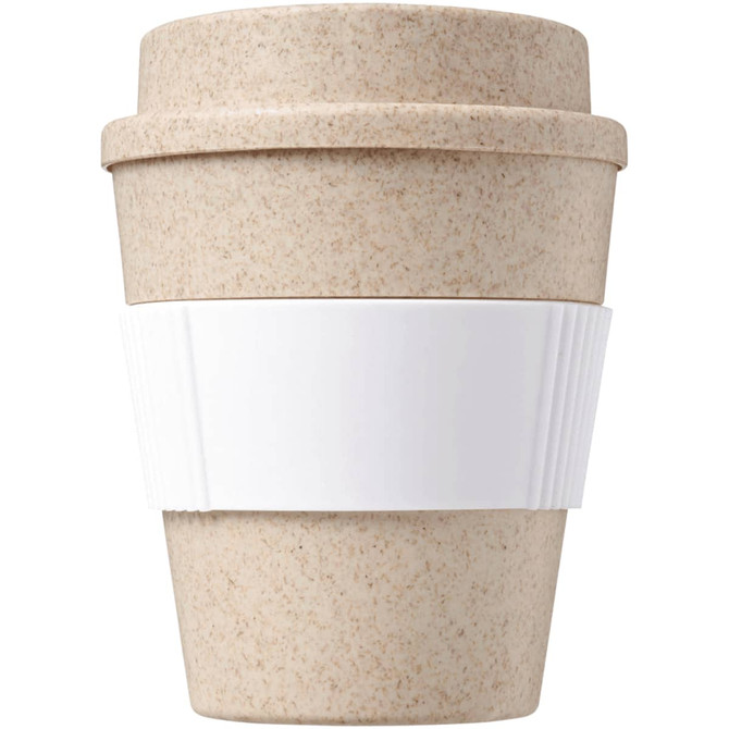 A drink bottle in a beige colour with a white silicone band, designed as a reusable coffee cup. It features a logo.