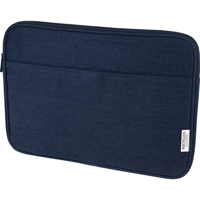 A navy blue laptop sleeve made from recycled canvas, featuring a zipped closure and a front pocket.