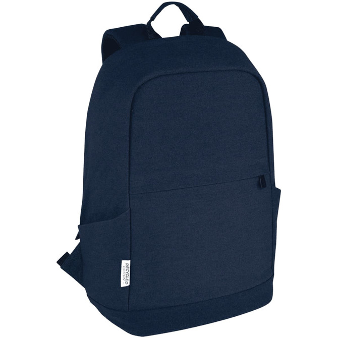 A navy blue laptop backpack with a sleek design, featuring a front pocket and adjustable straps, also has a logo.