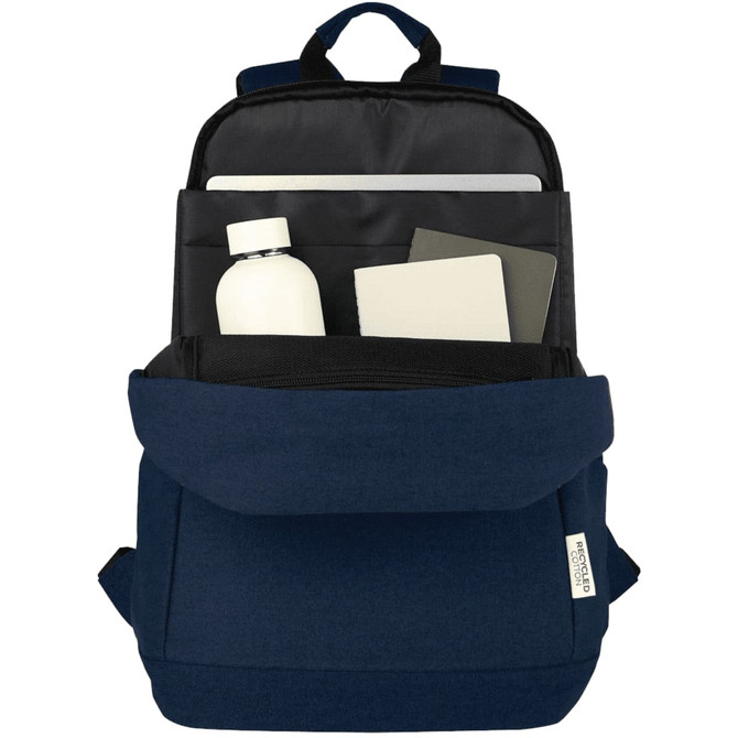 A navy blue laptop backpack with a bottle, notebooks, and a folder visible inside. It features a logo on the exterior.