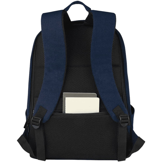 A navy blue laptop backpack featuring padded shoulder straps and a mesh back panel, with an inner pocket visible.