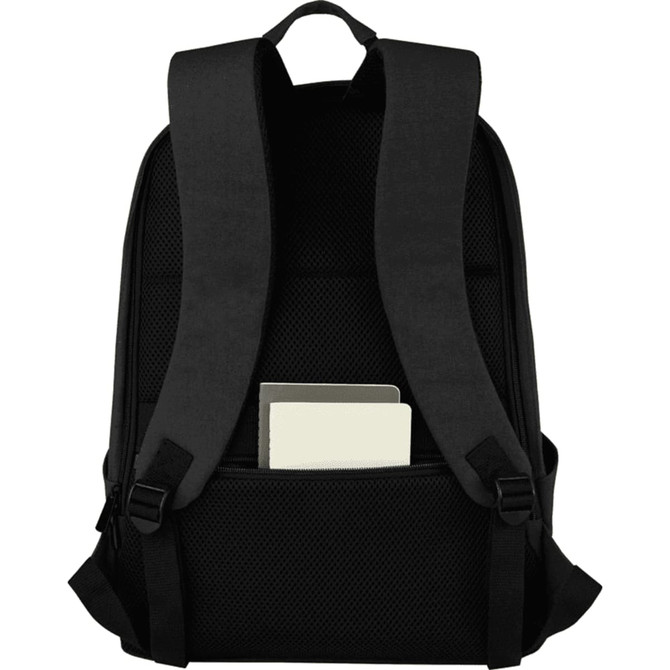 A black anti-theft laptop backpack featuring padded shoulder straps and a pocket for documents.