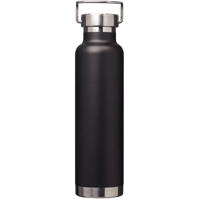 A drink bottle in matte black with a stainless steel base and a metal handle on the lid. Features a logo.