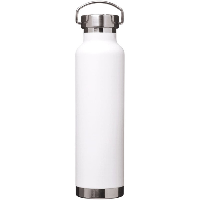 A drink bottle in white and silver, featuring a stainless steel design and a secure lid.
