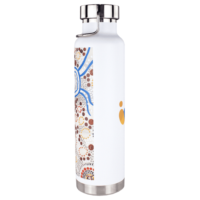 A drink bottle featuring a white exterior with a decorative Aboriginal-inspired design and a stainless steel base.