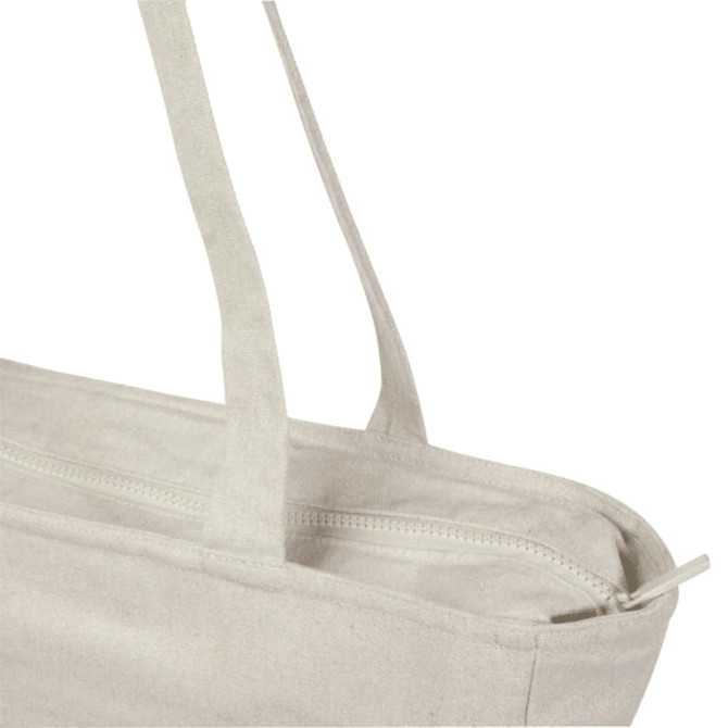 A light beige recycled zip tote with two long handles and a zip closure, featuring a logo.