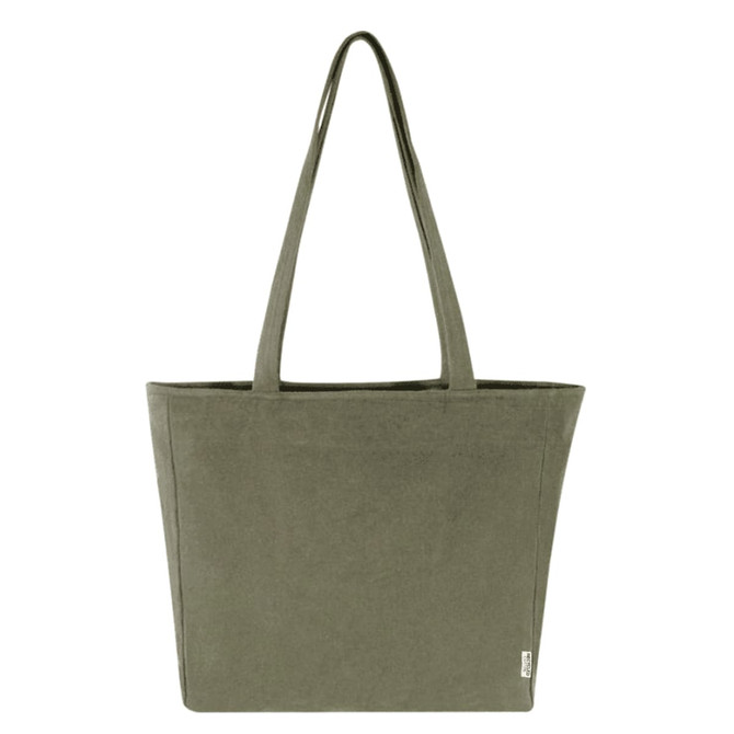 A large, olive green recycled zip tote bag with long handles and a simple design. It features a logo.