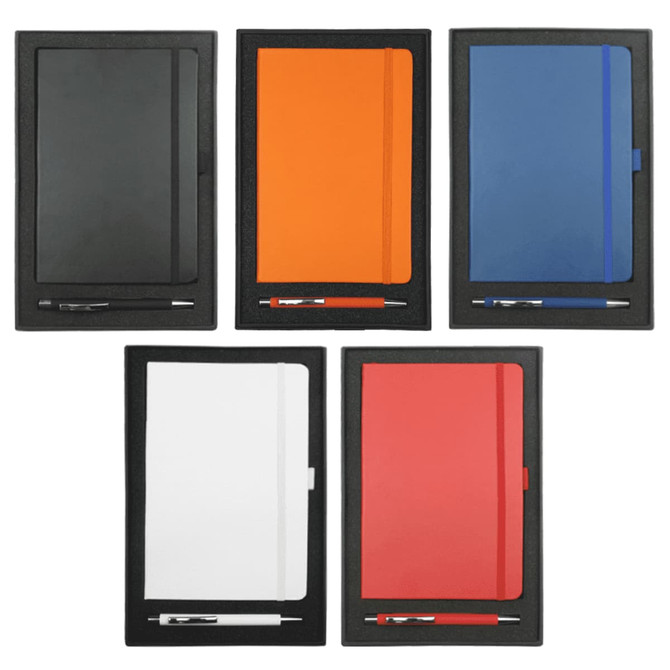 A set of five gift sets featuring JB1008 Nova Journals in various colours and 6018 Gorcia Pens, all with branding.