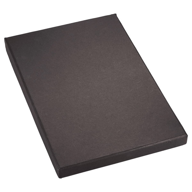 A black journal with a smooth cover, featuring a simple design. It comes in a protective box.