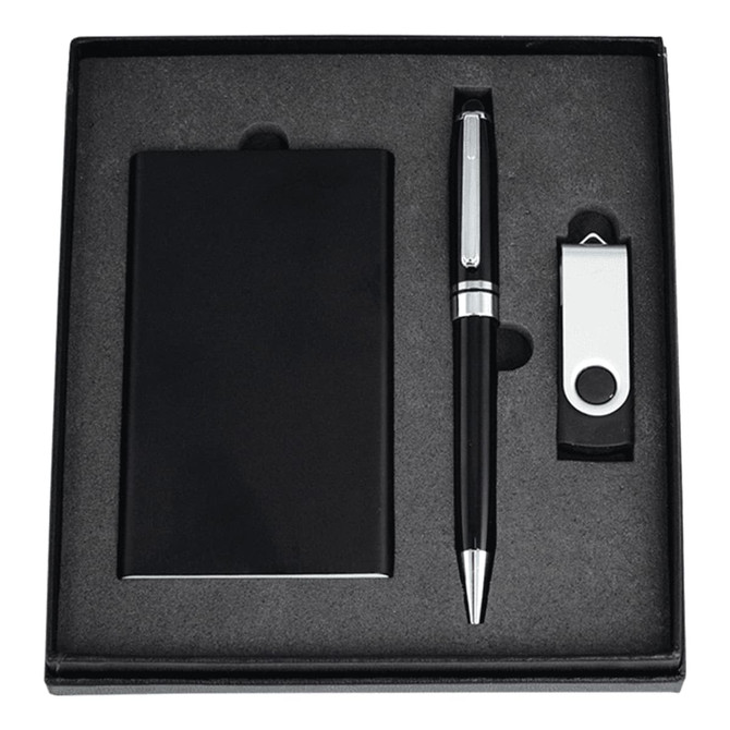 A black gift set featuring a pen, USB drive, and notebook, presented in an elegant box with a logo.