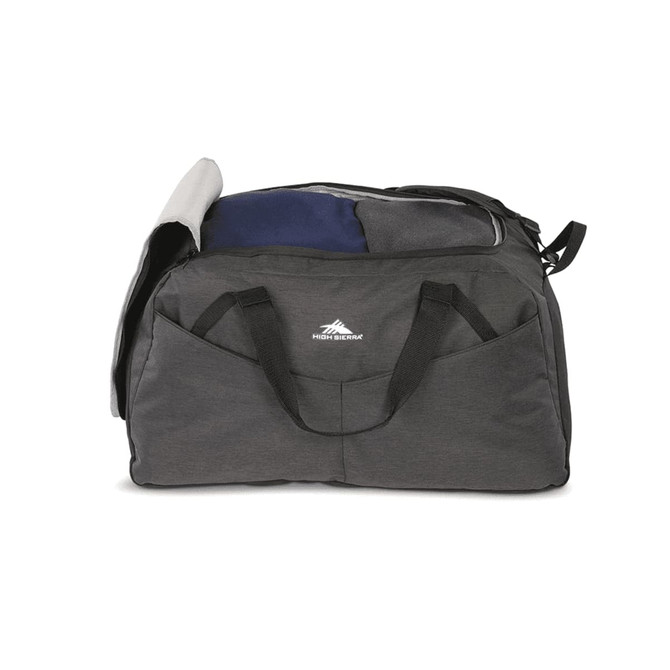 A grey duffel bag with a blue and grey top compartment, featuring two side pockets and a logo.