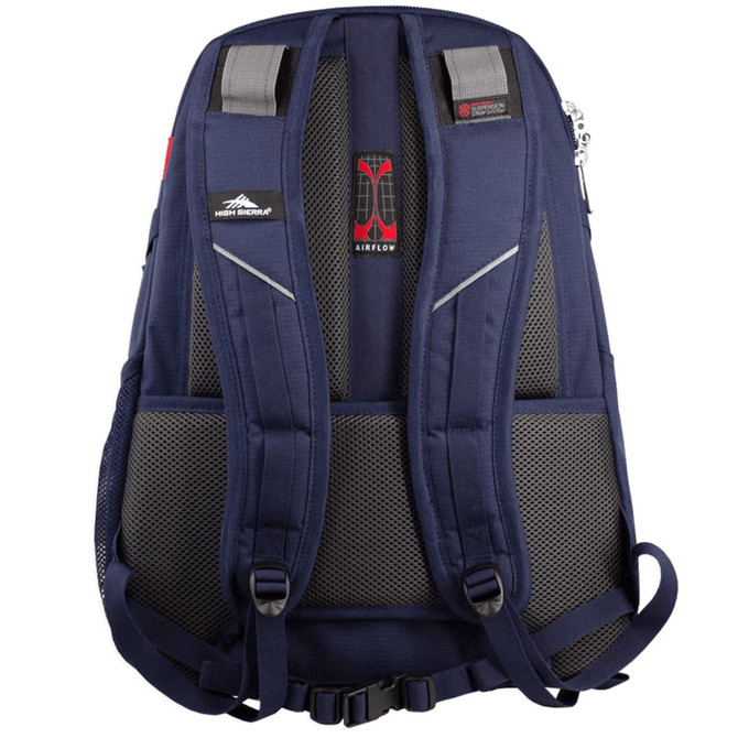 A navy blue backpack with padded mesh straps and a logo, designed for comfort and airflow.