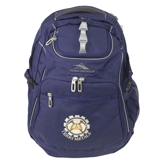 A navy blue High Sierra Access 3.0 Backpack with multiple compartments and a side mesh pocket. It features a logo.