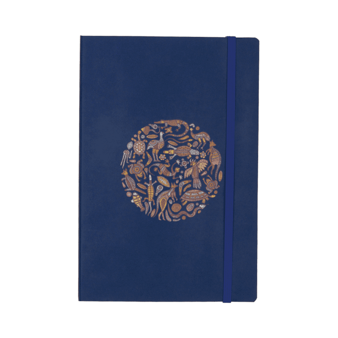 A navy blue soft bound journal featuring a decorative circle design and an elastic closure.