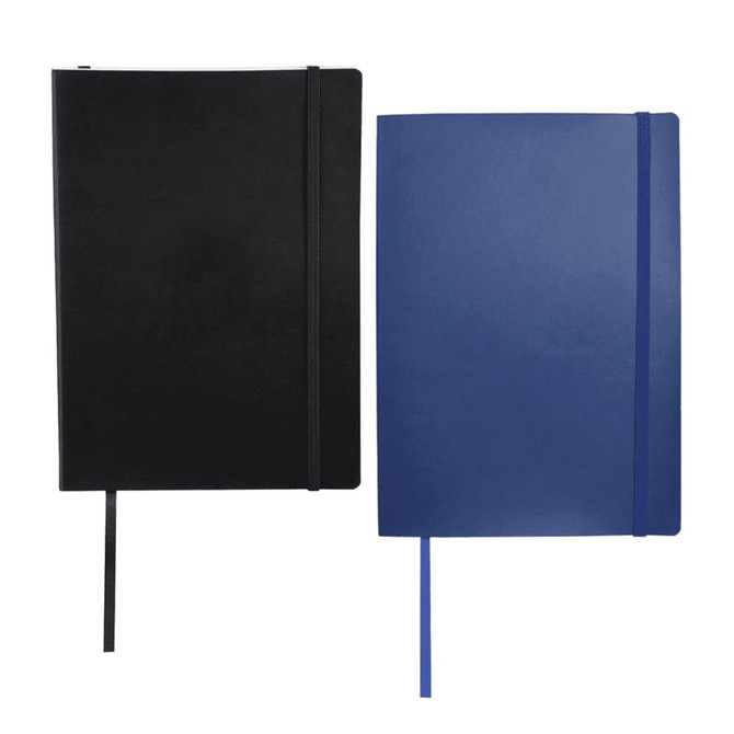 A black and a blue large bound journal, each with a matching ribbon bookmark and an elastic closure. Each features a logo.