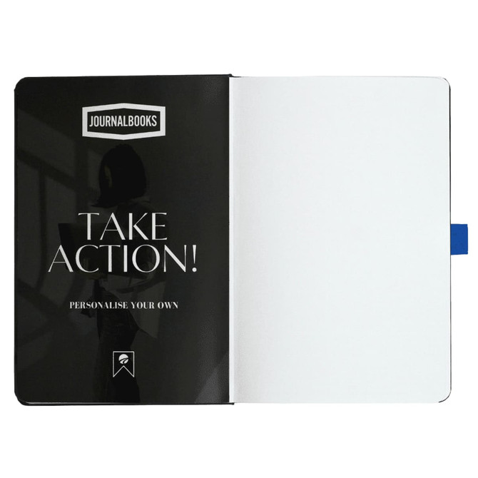 A black Nova Bound JournalBook with a blank interior and a ribbon bookmark. It features a logo on the cover.