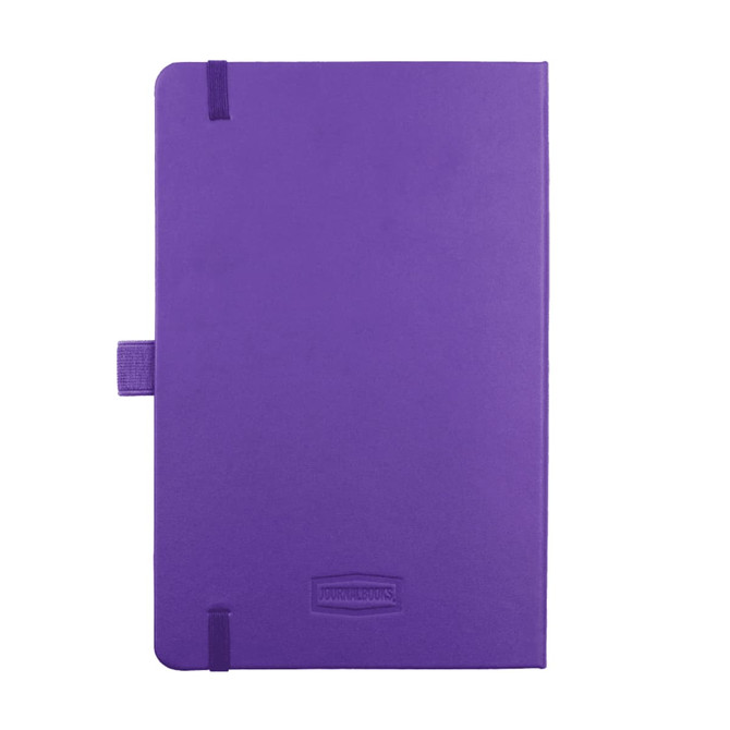 A purple notebook with a cover, elastic closure, and a logo. It features a sleek design suitable for office use.