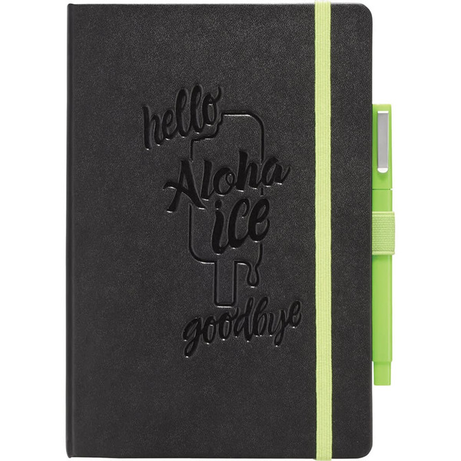 A black journal with a textured cover and a neon green pen attached by an elastic band. It features an embossed design.