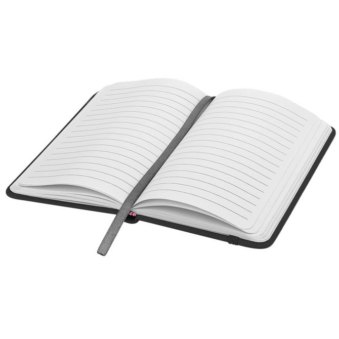 A black notebook with a grey ribbon bookmark, featuring lined pages and an open design.