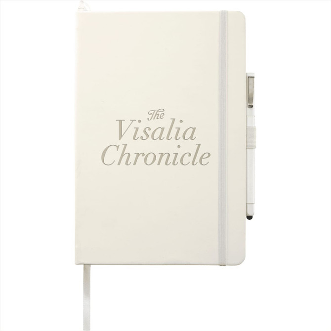 A large, hardbound journal in cream with an elastic closure and a pen holder, featuring a logo.