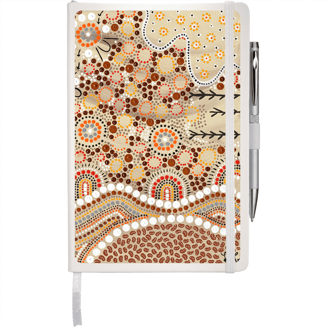 A decorative journal with a patterned cover featuring earthy tones, including beige, brown, and orange, with a pen included.