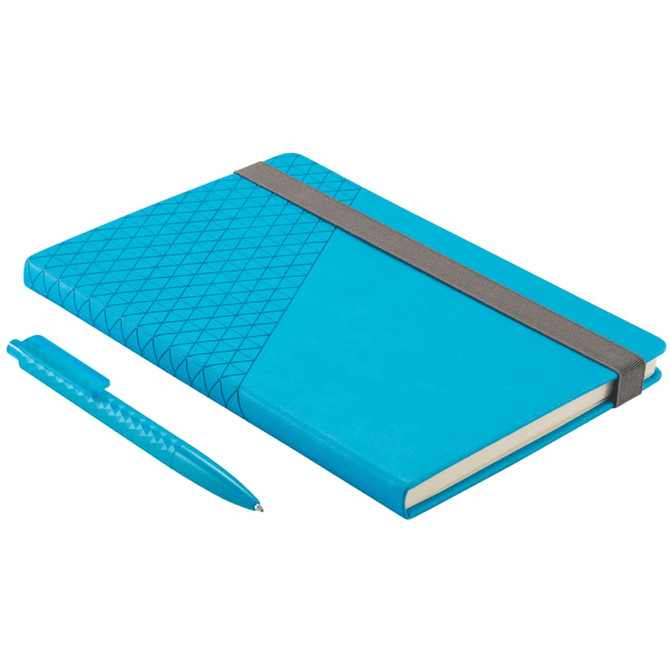 A turquoise notebook with a geometric design and an elastic band, paired with a matching pen.