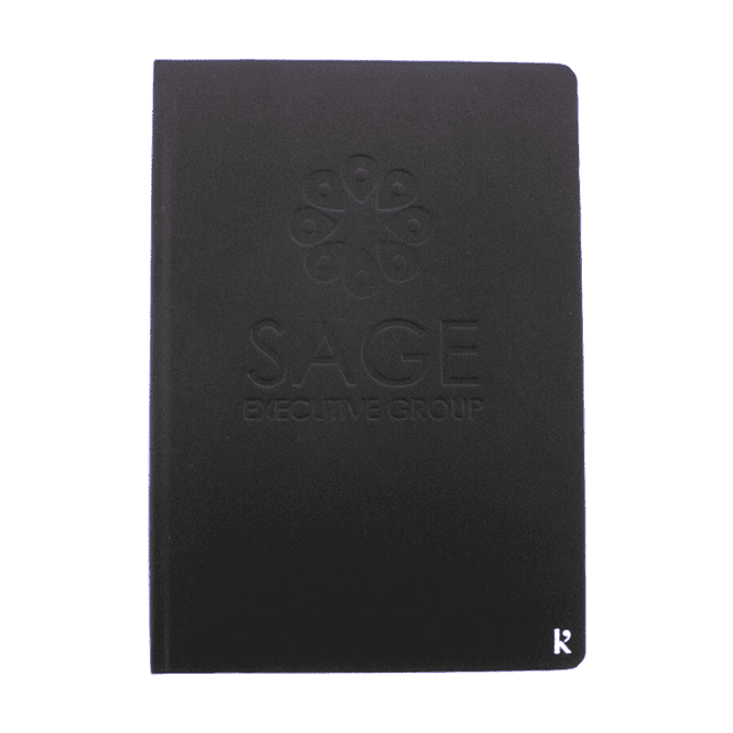 A black hardcover notebook featuring a textured design and a logo on the front.