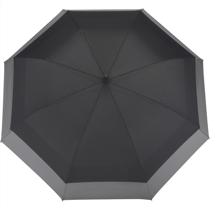 A black expanding auto open umbrella with a smooth, sleek design, featuring a central handle and a logo.