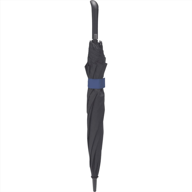 A black expanding auto open umbrella with a blue strap holding it closed. It features a curved handle and a logo.