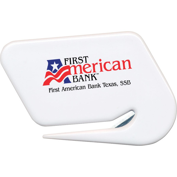 A white letter opener with a curved design and a logo featuring red and blue elements.