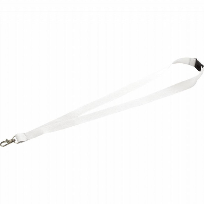 A white lanyard with a lobster clip, designed for use at exhibitions and events.