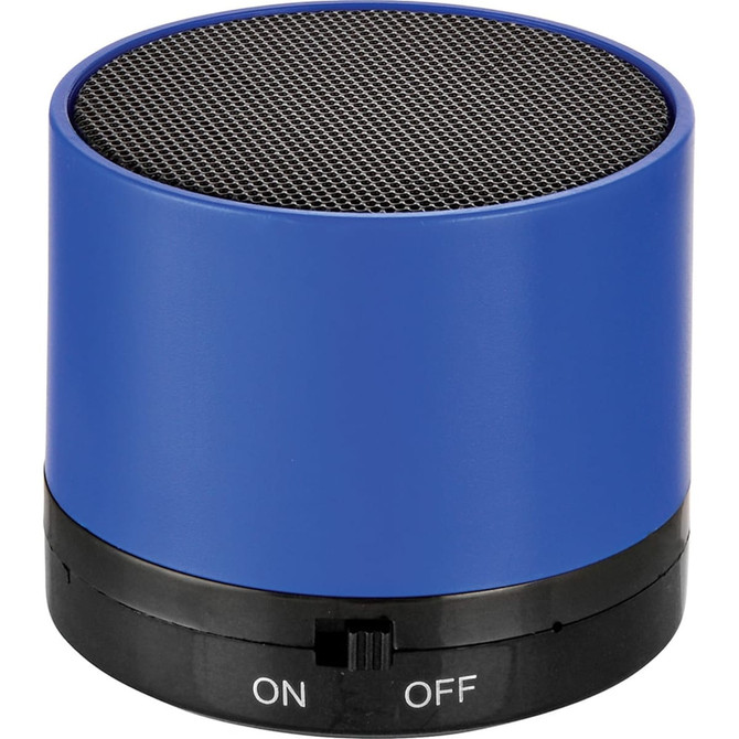 A blue cylinder-shaped Bluetooth speaker with a mesh grille on top and an on/off switch at the bottom.