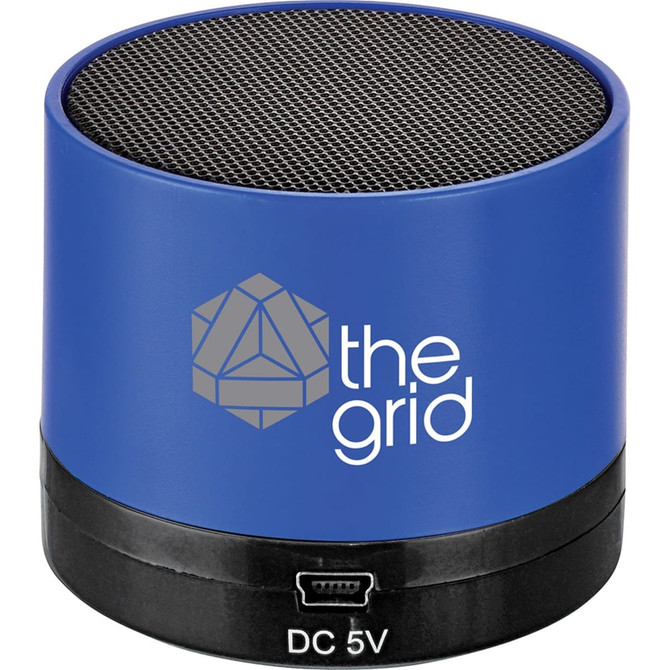 A blue cylinder Bluetooth speaker with a mesh top and a logo on the side. The base features a charging port.
