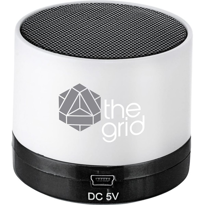 A cylindrical Bluetooth speaker in white and black, featuring a textured top and a branding logo.