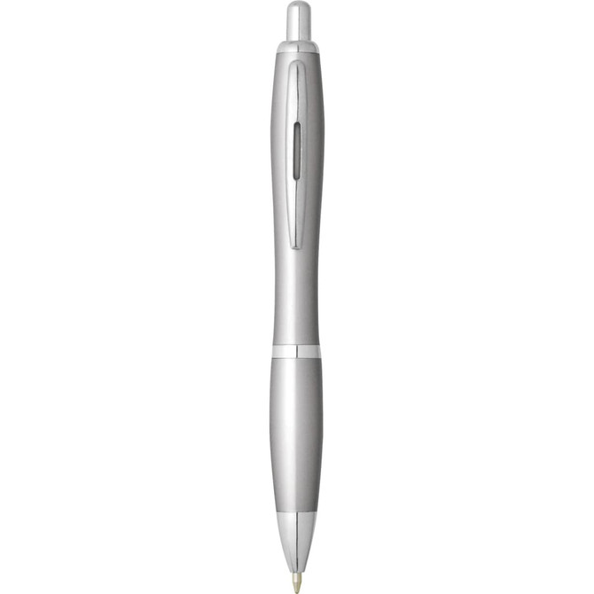 A silver plastic pen with a sleek design and a clip, featuring a logo on the body.