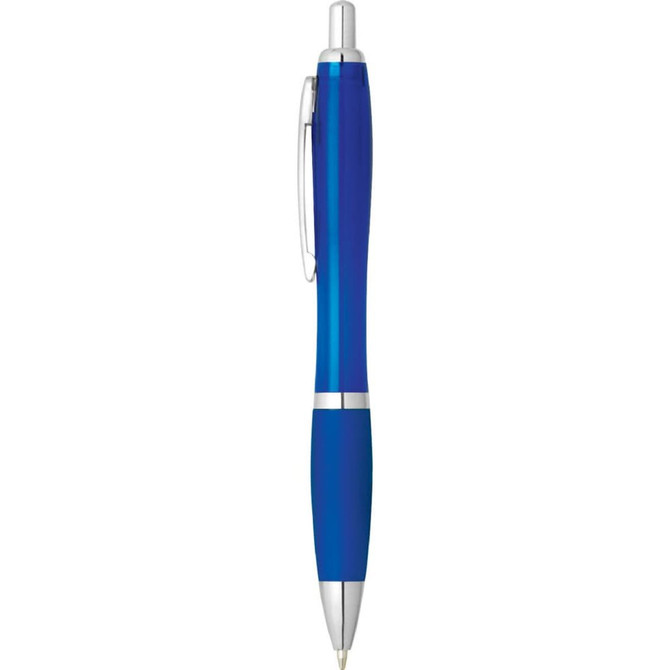 A blue plastic pen with silver accents and a clip, featuring a logo on its barrel.