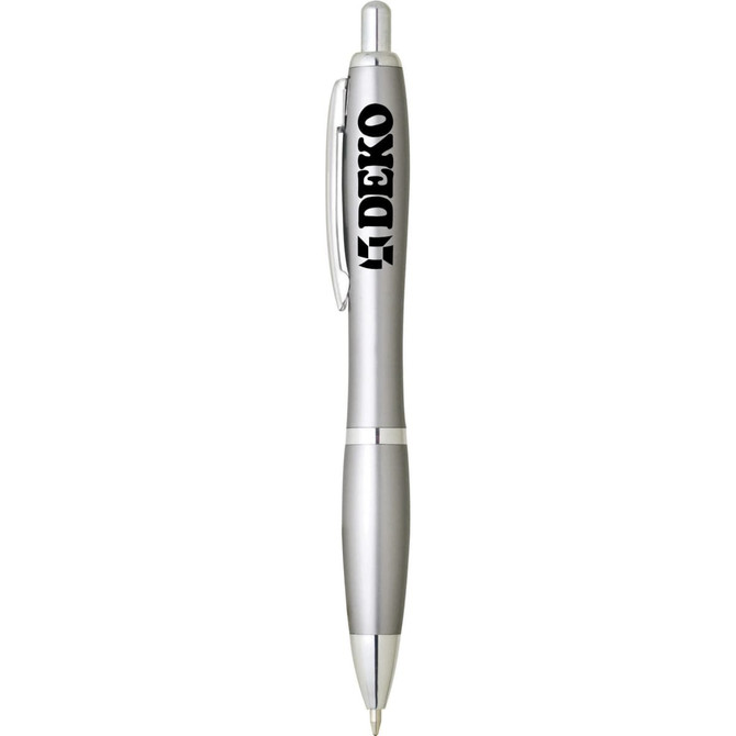 A silver plastic pen with a clip and a branding logo on the side.