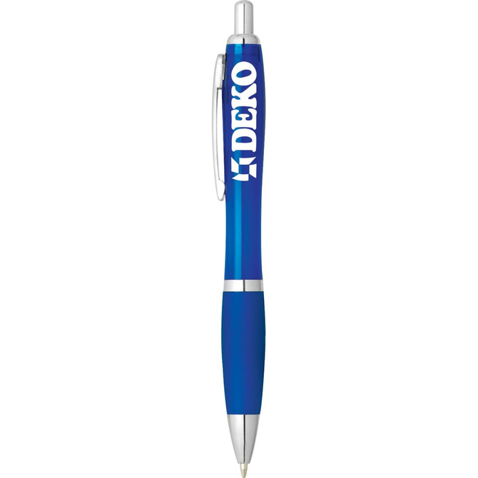 A blue plastic pen with a silver clip and a logo on the barrel.