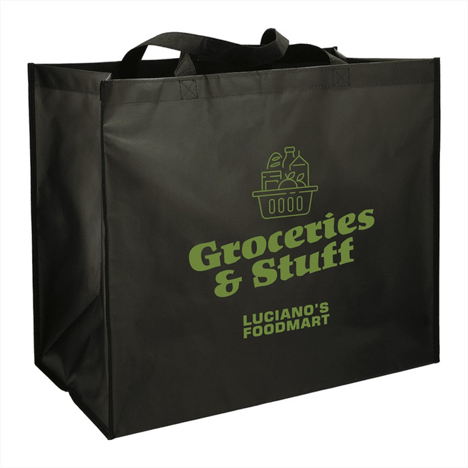 A black double laminated tote bag featuring a logo and text in green. Suitable for carrying large items.