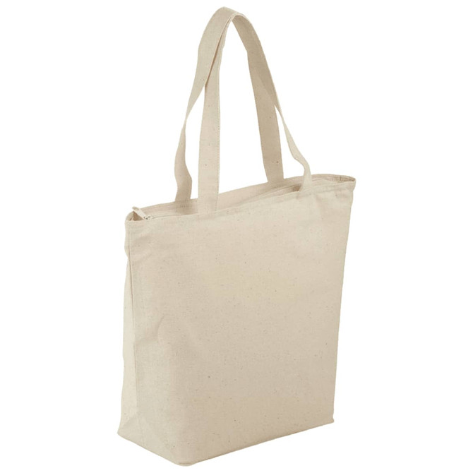 A cream-coloured zippered tote bag with sturdy handles, designed for carrying items. Features a logo on the surface.