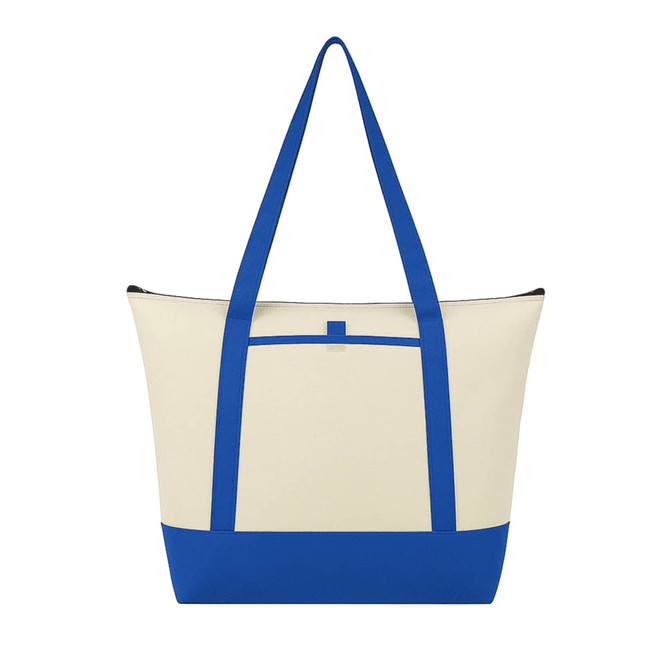 A blue and cream tote cooler bag with long handles and a front pocket. It features a logo.