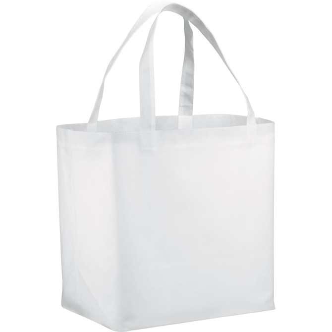 A white non-woven shopper tote bag with two handles, featuring a simple design and ample storage space.