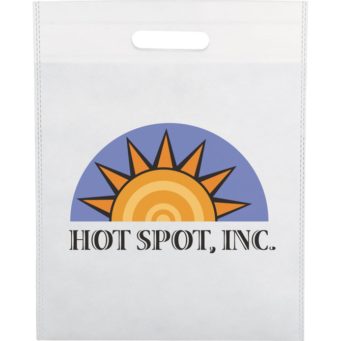 A non-woven tote bag in white with a colourful sun graphic and a branding logo.