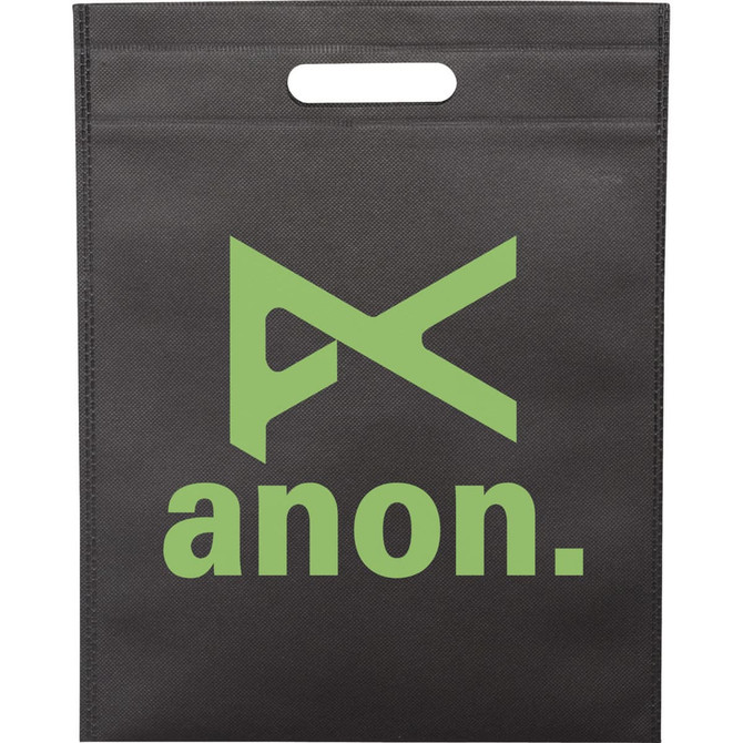 A black tote bag featuring a green logo design and a cut-out handle.
