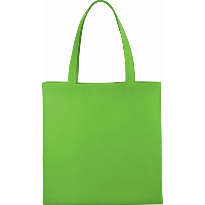 A bright green non-woven tote bag with two handles and a blank surface featuring a logo.