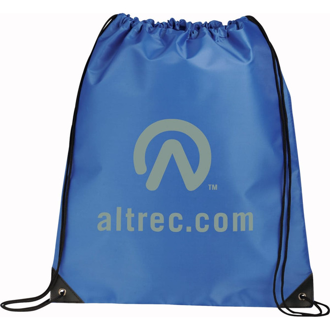 A blue drawstring sportspack featuring a logo, with black corners and adjustable drawstrings.