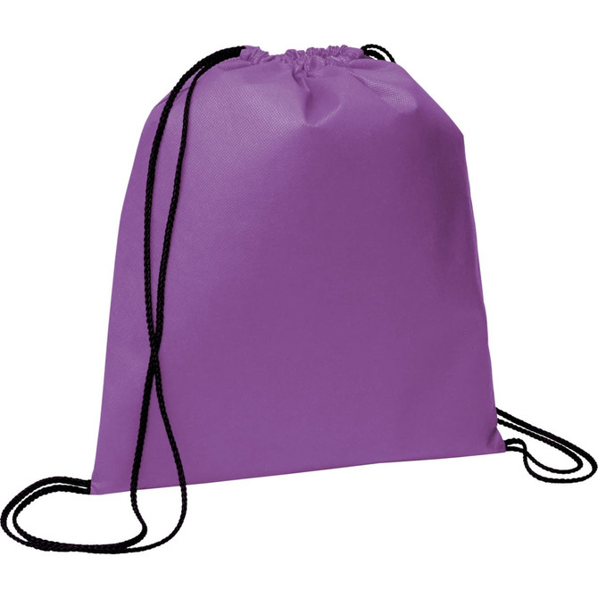 A purple non-woven drawstring sportpack with black drawstrings, featuring a branding logo.