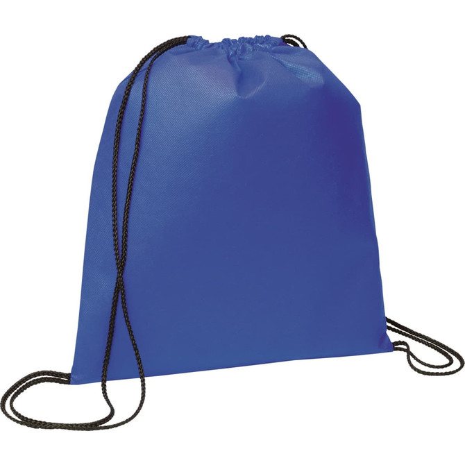 A blue non-woven drawstring sportpack with black cords and a simple design. It features a logo.