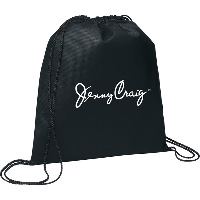 A black non-woven drawstring sportpack featuring a white logo and matching drawstrings.